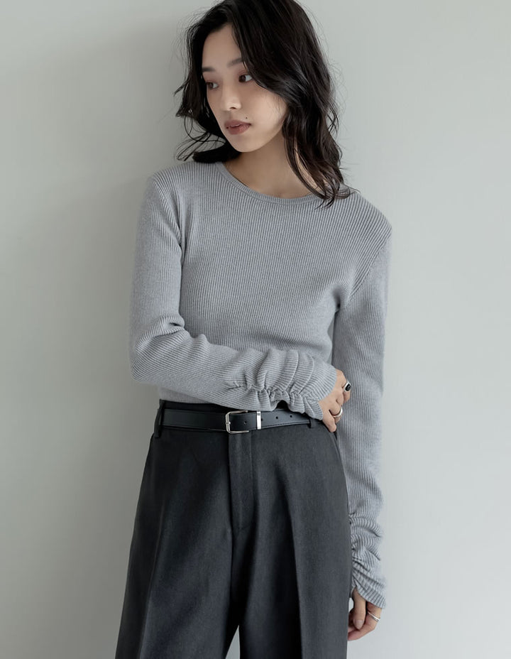 【クーポンで20%OFF ¥3,747⇒¥2,997 】〖クーポンコード：SH_20_250908〗[2025AW COLLECTION][保湿][静電気防止]無地or配色クルーネック袖シャーリングリブニットトップス