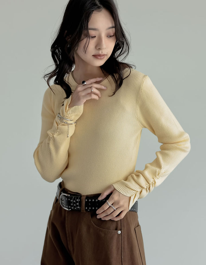 【クーポンで20%OFF ¥3,747⇒¥2,997 】〖クーポンコード：SH_20_250908〗[2025AW COLLECTION][保湿][静電気防止]無地or配色クルーネック袖シャーリングリブニットトップス