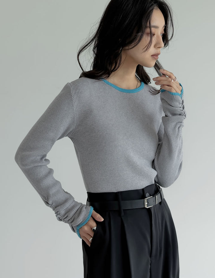 【クーポンで20%OFF ¥3,747⇒¥2,997 】〖クーポンコード：SH_20_250908〗[2025AW COLLECTION][保湿][静電気防止]無地or配色クルーネック袖シャーリングリブニットトップス