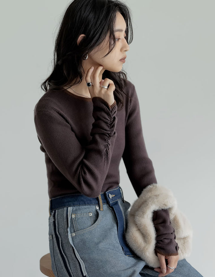 【クーポンで20%OFF ¥3,747⇒¥2,997 】〖クーポンコード：SH_20_250908〗[2025AW COLLECTION][保湿][静電気防止]無地or配色クルーネック袖シャーリングリブニットトップス