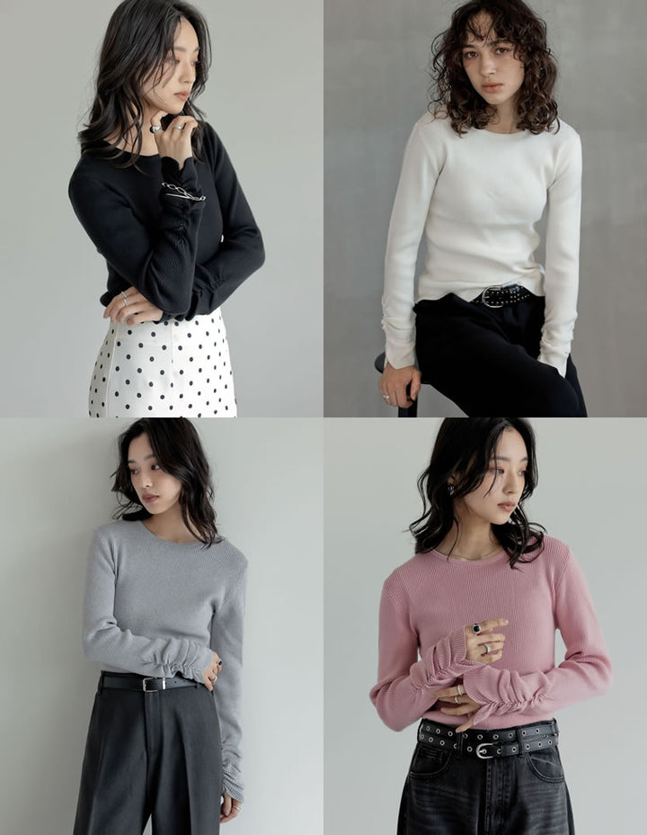 【クーポンで20%OFF ¥3,747⇒¥2,997 】〖クーポンコード：SH_20_250908〗[2025AW COLLECTION][保湿][静電気防止]無地or配色クルーネック袖シャーリングリブニットトップス