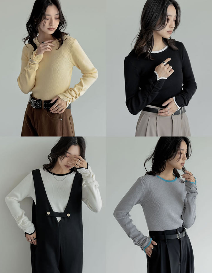 【クーポンで20%OFF ¥3,747⇒¥2,997 】〖クーポンコード：SH_20_250908〗[2025AW COLLECTION][保湿][静電気防止]無地or配色クルーネック袖シャーリングリブニットトップス