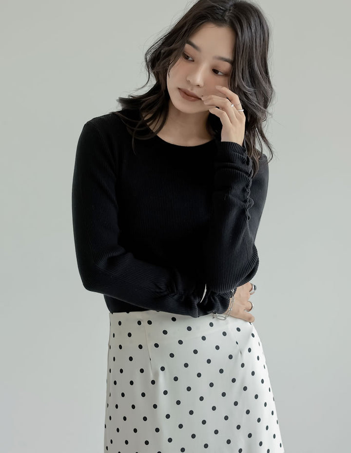【クーポンで20%OFF ¥3,747⇒¥2,997 】〖クーポンコード：SH_20_250908〗[2025AW COLLECTION][保湿][静電気防止]無地or配色クルーネック袖シャーリングリブニットトップス