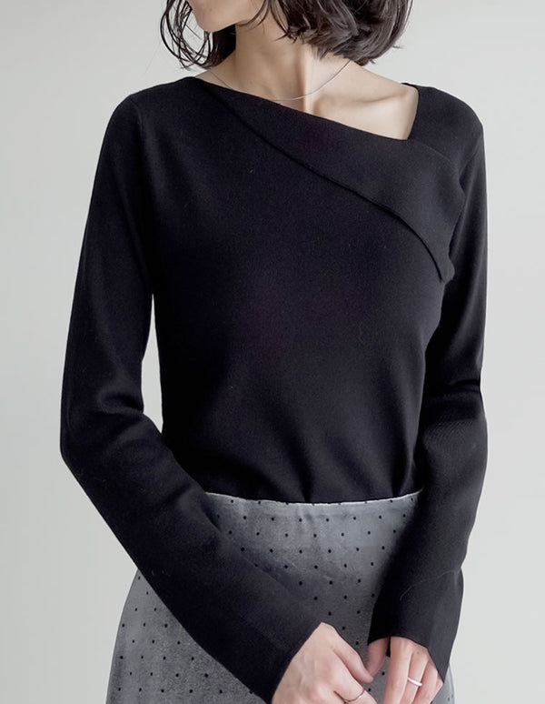 アシンメトリーネックニットトップス