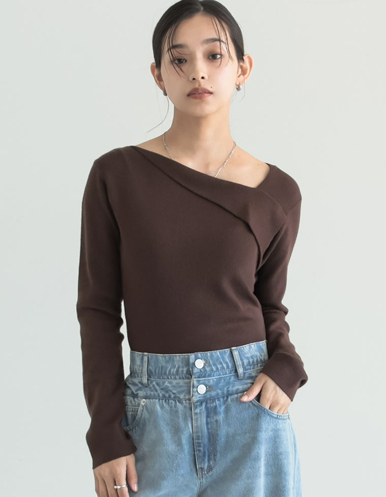 アシンメトリーネックニットトップス - トップス通販 | 人気レディース