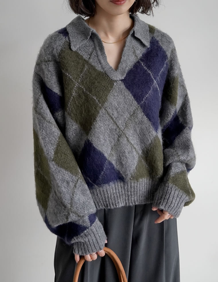 キーネックアーガイルモヘアニットトップス - トップス通販 | 人気