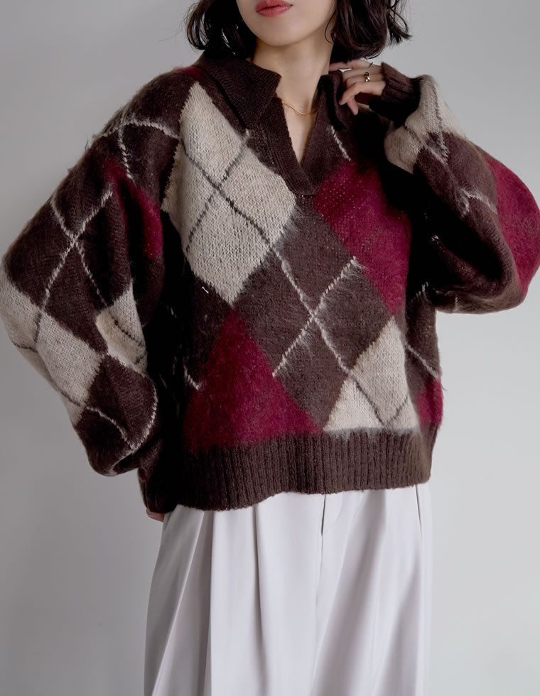 キーネックアーガイルモヘアニットトップス - トップス通販 | 人気