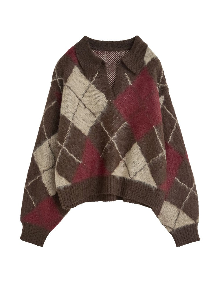 キーネックアーガイルモヘアニットトップス - トップス通販 | 人気