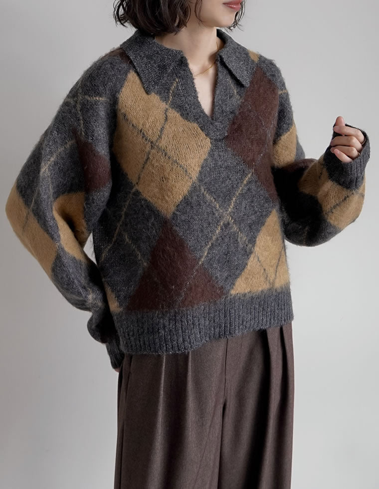 キーネックアーガイルモヘアニットトップス - トップス通販 | 人気