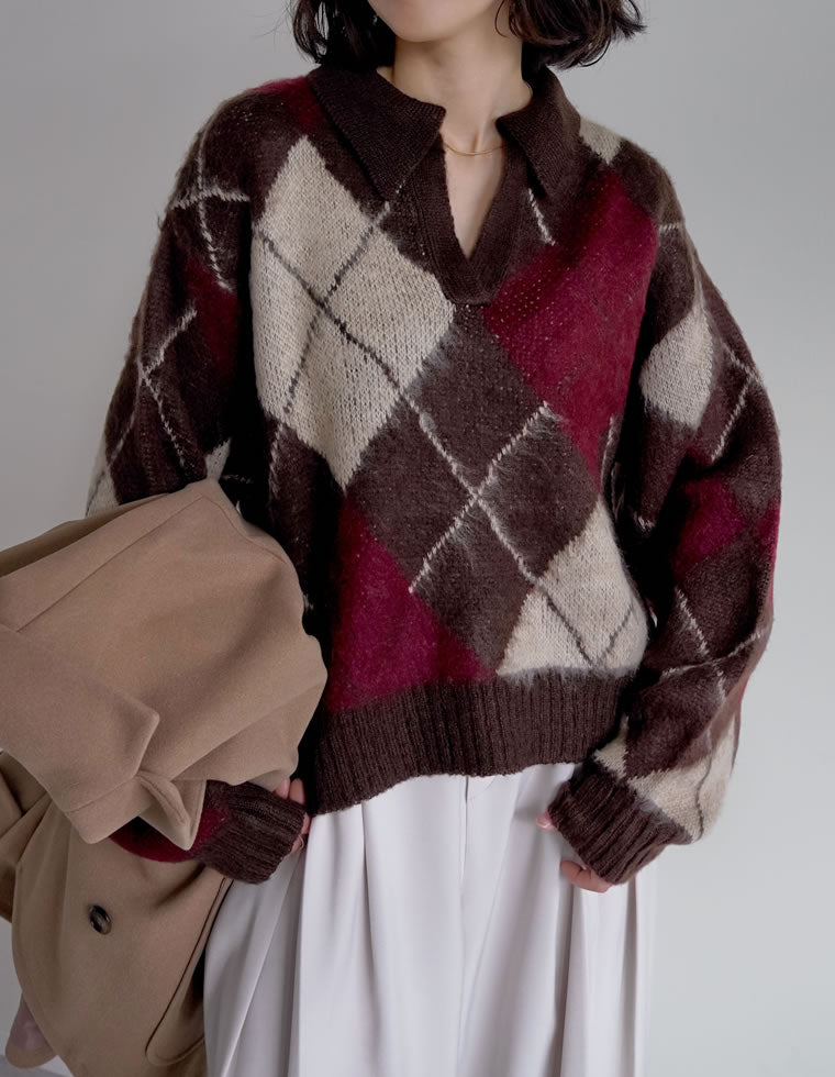 キーネックアーガイルモヘアニットトップス - トップス通販 | 人気