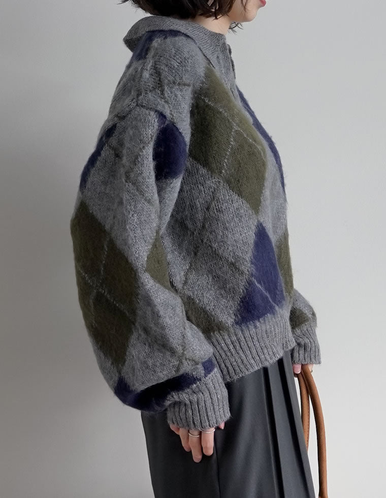 キーネックアーガイルモヘアニットトップス - トップス通販 | 人気