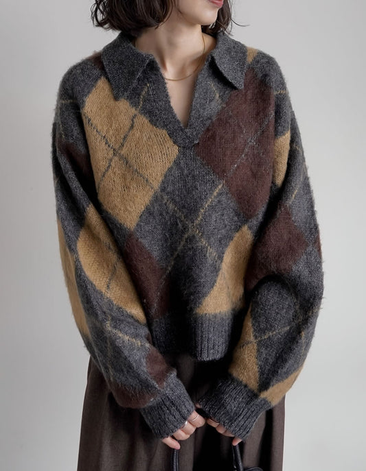 キーネックアーガイルモヘアニットトップス tops 人気レディースファッション通販 リエディ