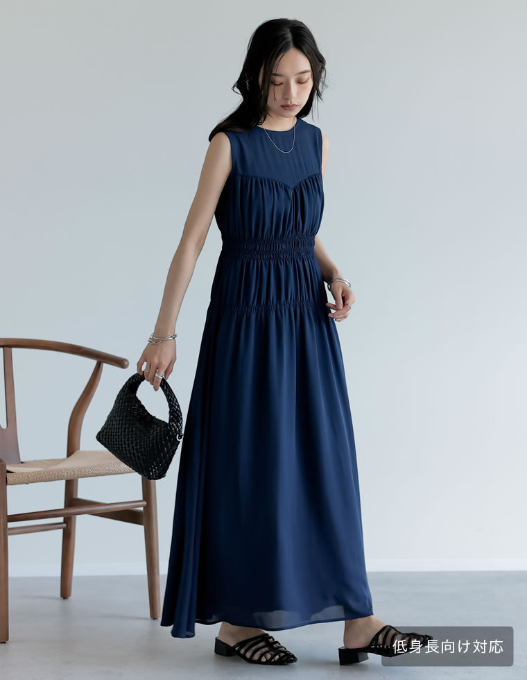 アンタイトル フロントギャザーワンピース シフォンプリーツ 大きいサイズ 44 Lace Ladies ドレス ギャザーシェイプロングシフォンワンピース