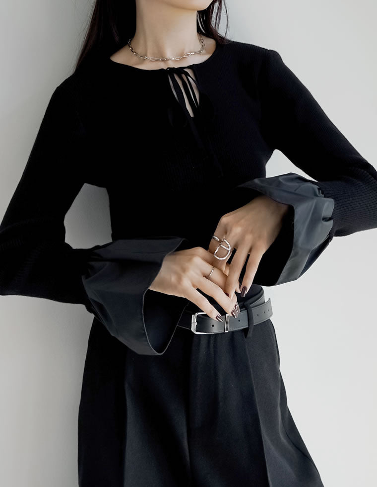 アディアム Sweater フレアスリーブリブニット 2024 ブラック M moment+ ニット セーター 「累計販売枚数1万枚突破！」12G プチ