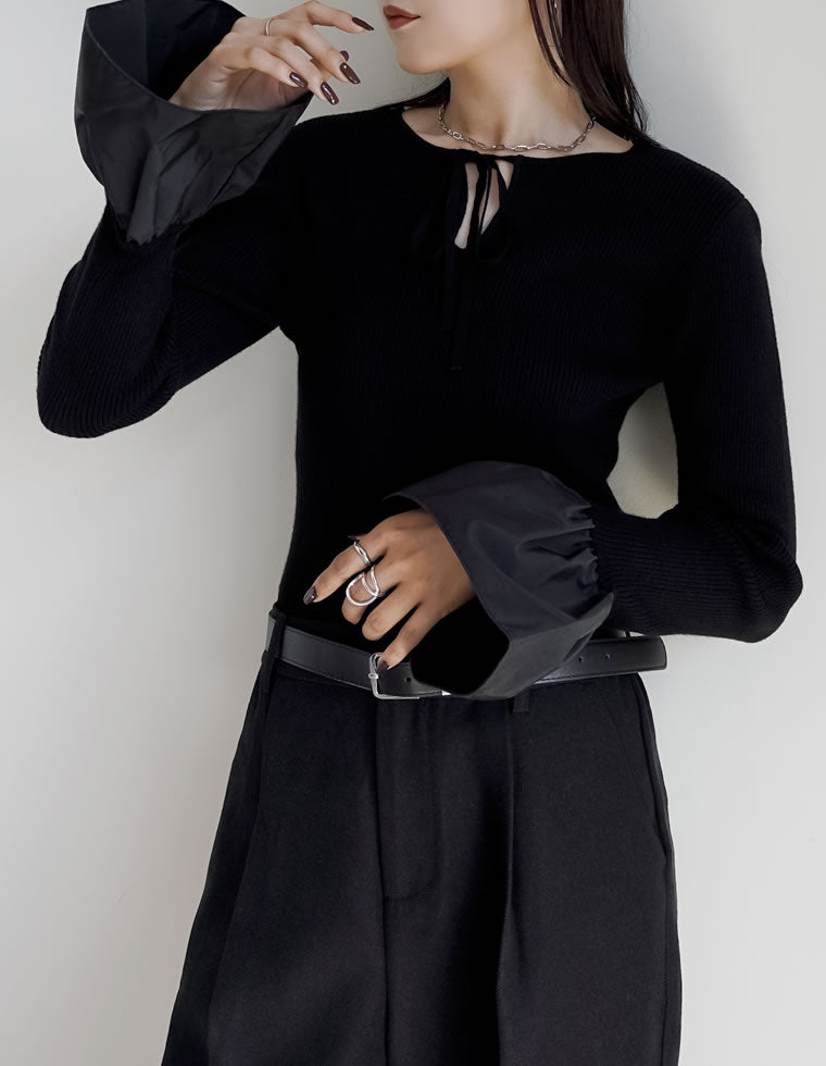 異素材フレアスリーブリブニットトップス - トップス通販 | 人気