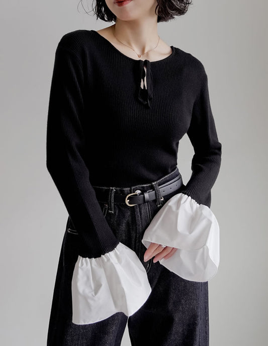 異素材フレアスリーブリブニットトップス トップス 人気レディースファッション通販 リエディ