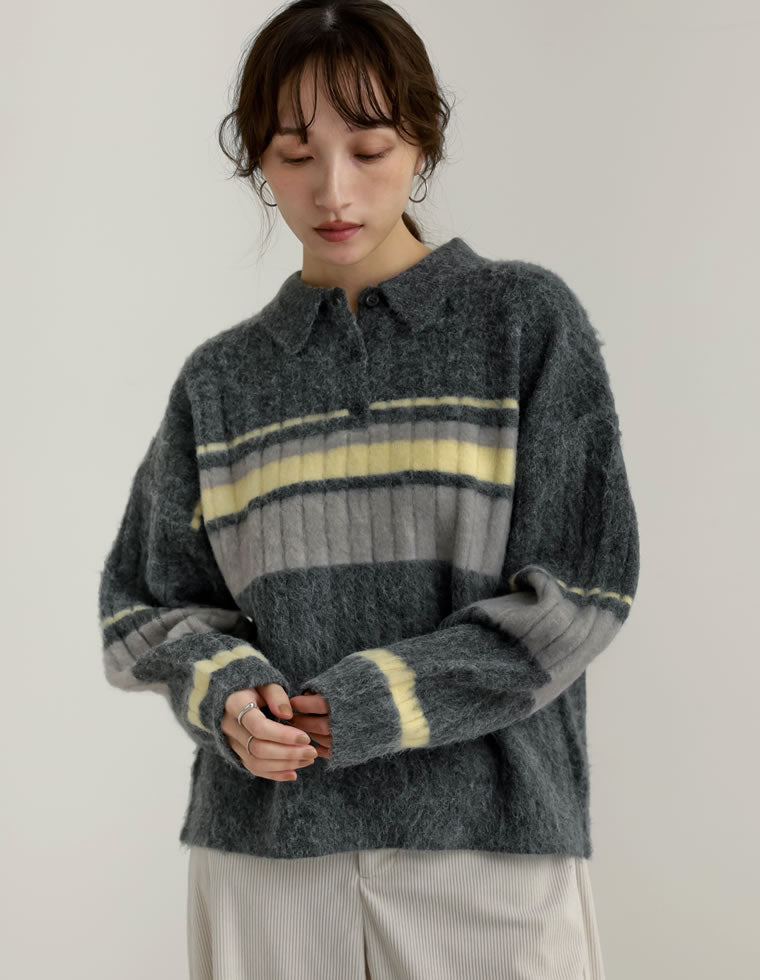 ボーダーアルパカタッチポロカラーニット - トップス通販 | 人気