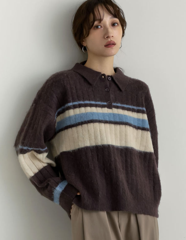 ボーダー配色アルパカタッチポロカラーニットトップス