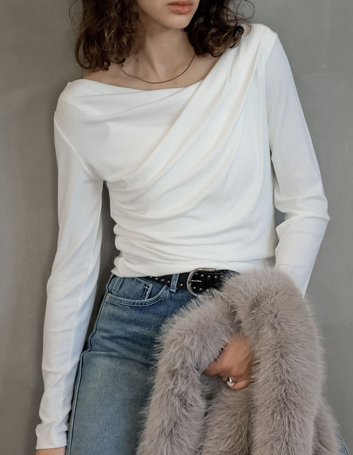【クーポンで20%OFF ¥3,747⇒¥2,997 】〖クーポンコード：SH_20_250908〗[2025AW COLLECTION]リブカットソードレープオフショルトップス