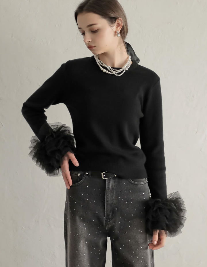 [MEISM by Re:EDIT][2025AW COLLECTION]袖チュールフリルティアードクルーネックニットトップス トップス 人気レディースファッション通販 リエディ