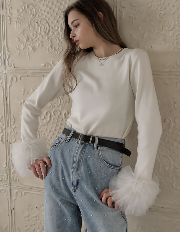 [MEISM by Re:EDIT][2025AW COLLECTION]袖チュールフリルティアードクルーネックニットトップス トップス 人気レディースファッション通販 リエディ