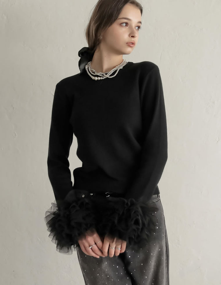 [MEISM by Re:EDIT][2025AW COLLECTION]袖チュールフリルティアードクルーネックニットトップス トップス 人気レディースファッション通販 リエディ