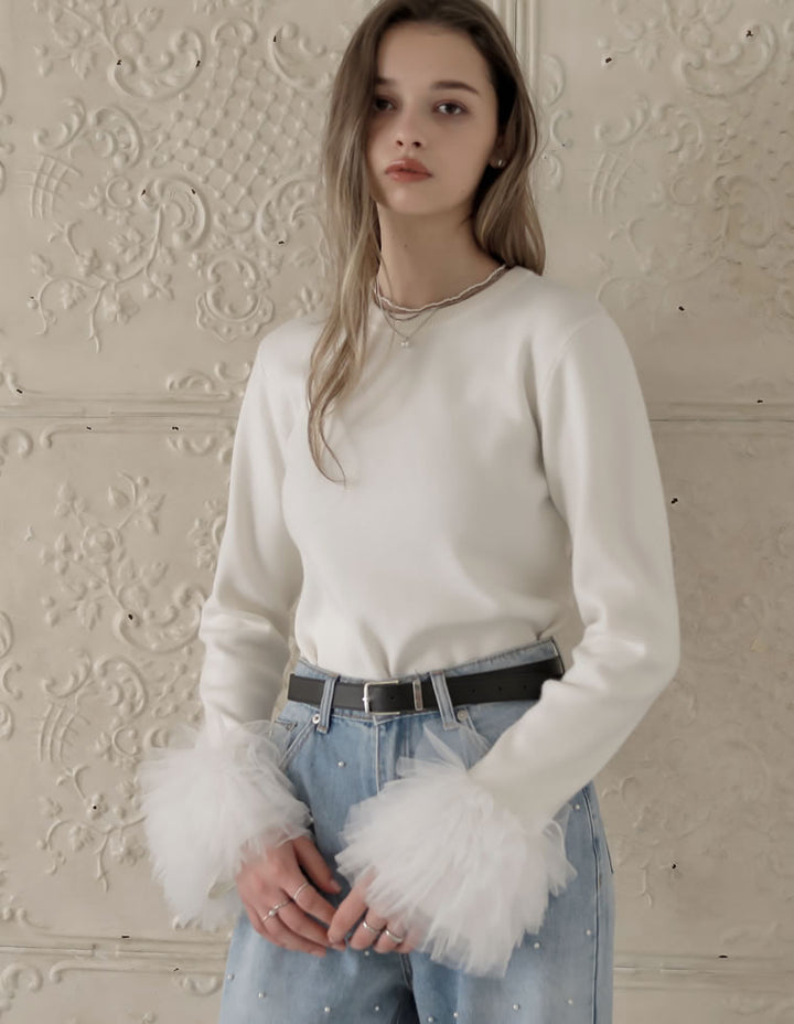 [MEISM by Re:EDIT][2025AW COLLECTION]袖チュールフリルティアードクルーネックニットトップス トップス 人気レディースファッション通販 リエディ