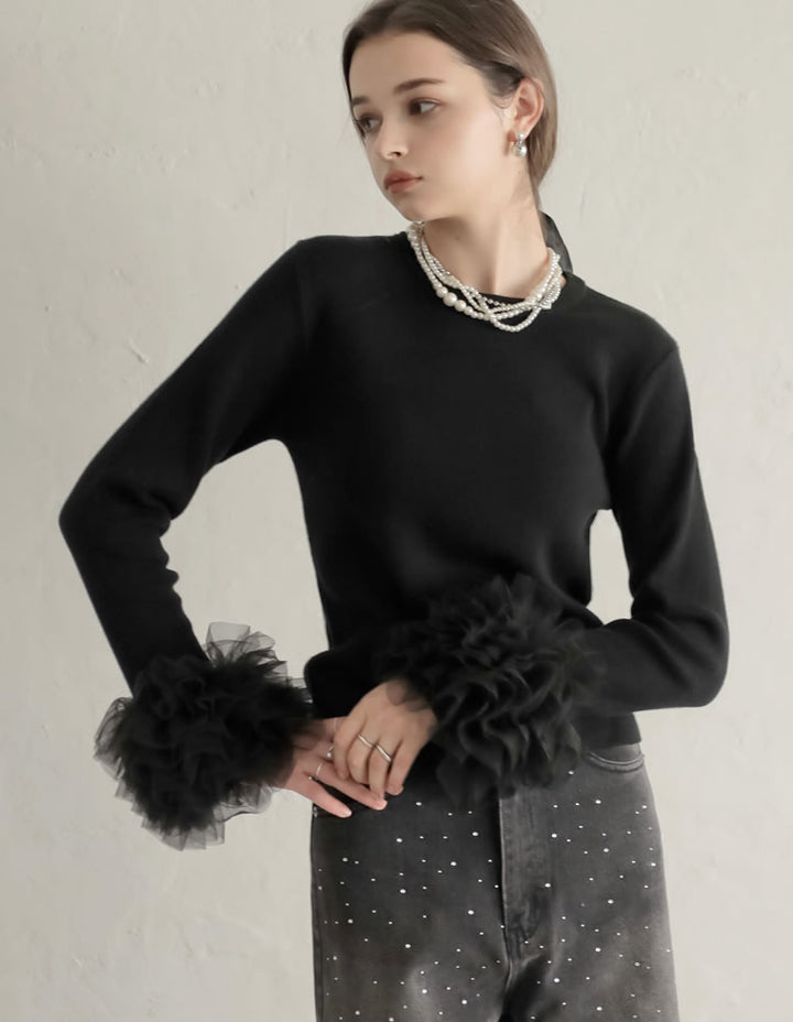 [MEISM by Re:EDIT][2025AW COLLECTION]袖チュールフリルティアードクルーネックニットトップス トップス 人気レディースファッション通販 リエディ