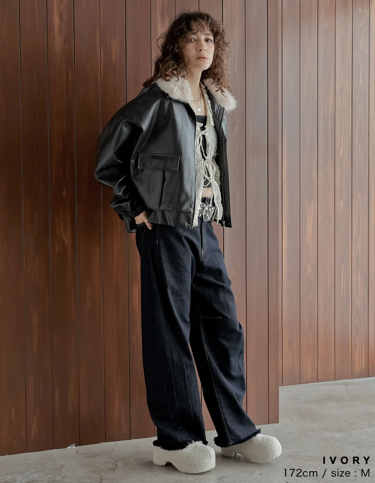 NO ID. BLACK 羊革 リブニット ドッキング フードライダース 黒 2 NO ID. BLACK 羊革 リブニット ドッキング フードライダース 黒 2