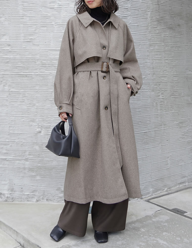 ウールタッチベルト付きステンカラーコート - ジャケット/アウター通販