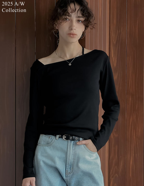 [2025AW PRE ORDER]リブカットソーアシンメトリーネックデザイントップス