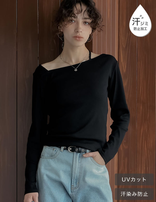 [2025AW COLLECTION][汗じみ防止][UVカット]リブカットソーアシンメトリーネックデザイントップス