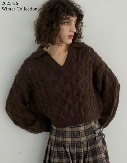 [2025 WINTER PRE ORDER]バルキーケーブルポロカラーニット トップス 人気レディースファッション通販 リエディ