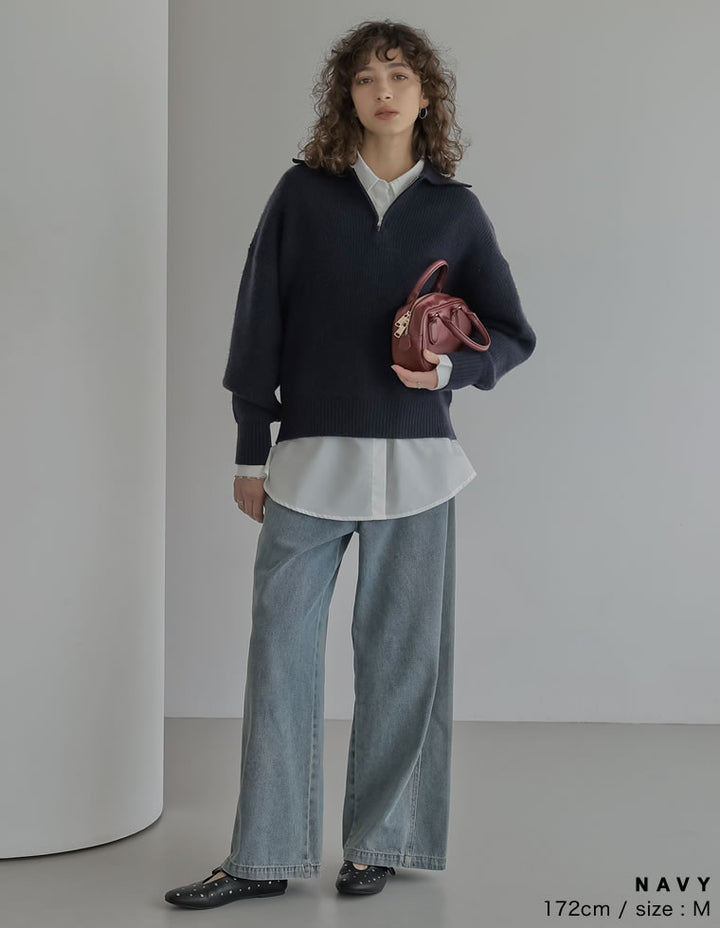 [2025AW COLLECTION][静電気防止]片畔編み襟付きハーフジップニットプルオーバー トップス 人気レディースファッション通販 リエディ