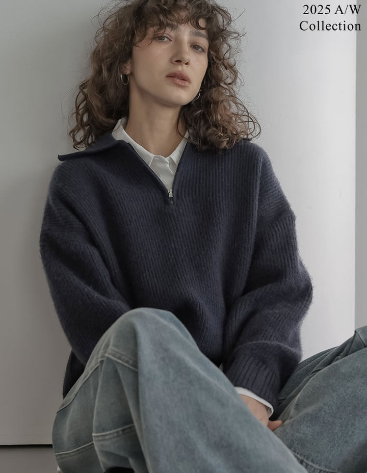 [2025AW COLLECTION][静電気防止]片畔編み襟付きハーフジップニットプルオーバー トップス 人気レディースファッション通販 リエディ
