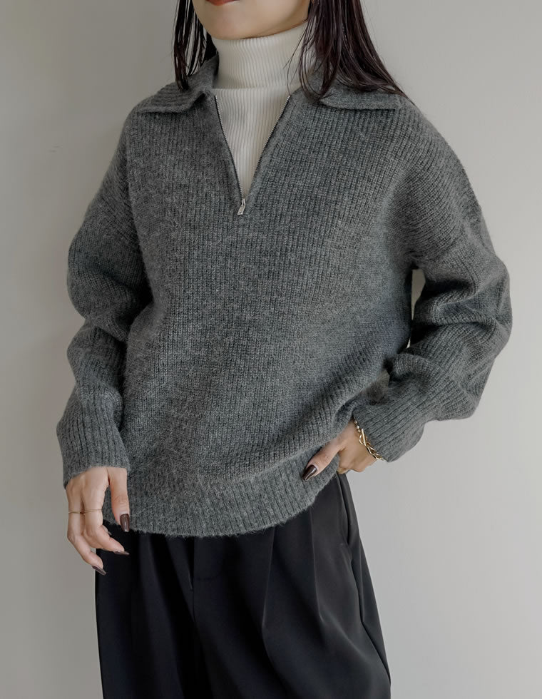 retouch ニット　ハーフジップ Wool Mixed Half Zip Knit -black-