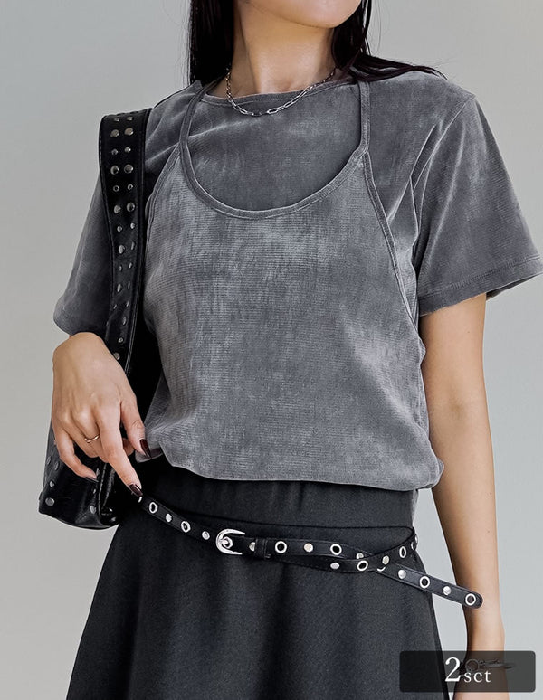 ≪期間限定！ポイント10％UP対象≫[2点セット]カットベロアホルターネックビスチェ×Ｔシャツ