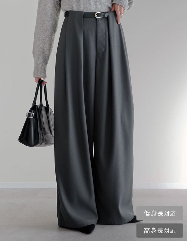 [低身長/高身長サイズ有]タックベルトループデザインワイドパンツ