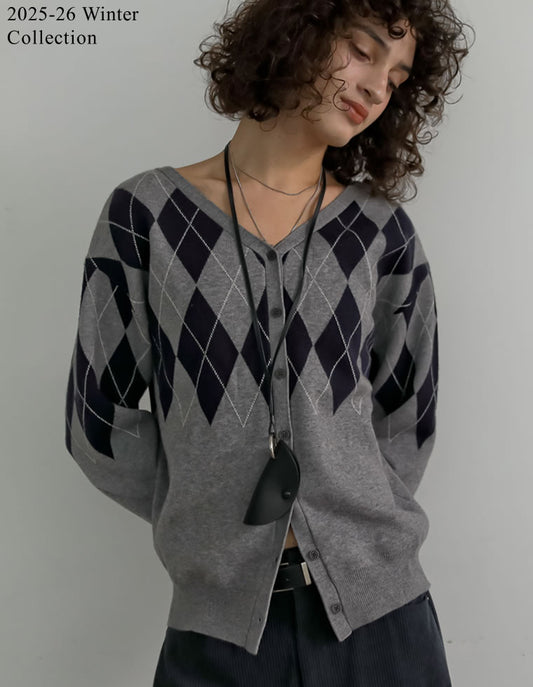 [2025 WINTER PRE ORDER]無地orアーガイル2WAYジャガードニットカーディガン トップス 人気レディースファッション通販 リエディ