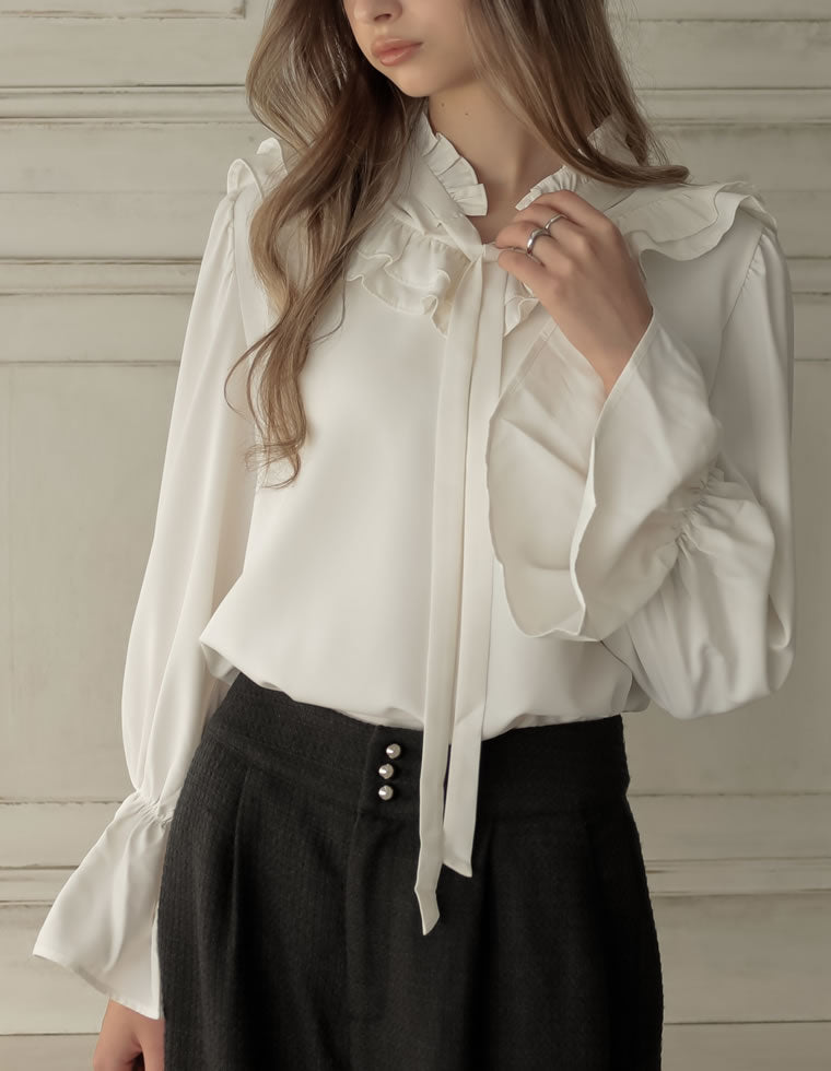 完売 シェリエ Sheller リボン ボウタイ ニット 白 F パフスリーブ BOTTOMS – shéller / シェリエ