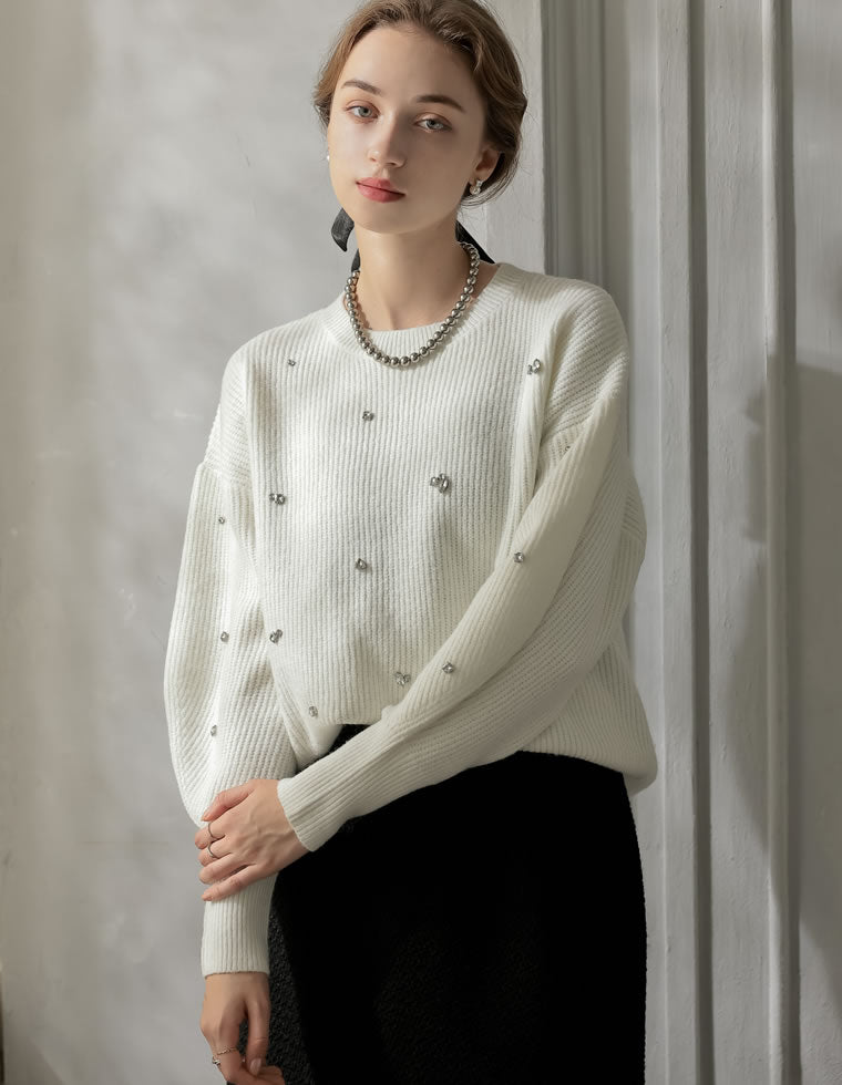 畦編みビジューニットトップス - トップス通販 | 人気レディース