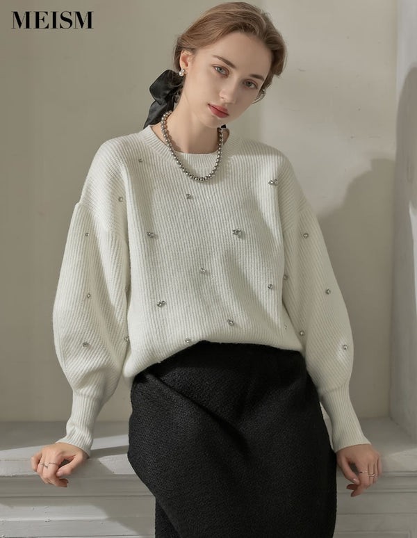 【MEISM LOOK BOOK 20%OFF対象】[MEISM by Re:EDIT][2025AW COLLECTION]畦編みビジューニットトップス