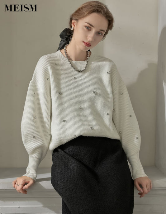 【MEISM LOOK BOOK 20%OFF対象】[MEISM by Re:EDIT][2025AW COLLECTION]畦編みビジューニットトップス