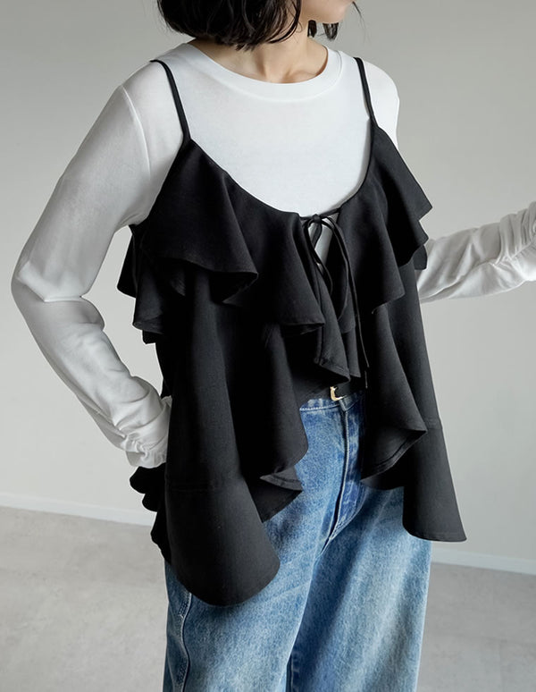 ≪12/1 17:59まで！冬本番あったかアイテム10%ポイント還元対象≫[2025 WINTER COLLECTION][アンチピリング][毛玉になりにくい]ヘリンボーン微起毛フリルキャミソールビスチェ[mb]