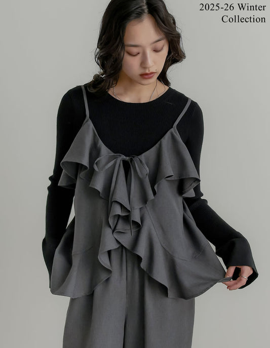 [2025 WINTER COLLECTION][アンチピリング][毛玉になりにくい]ヘリンボーン微起毛フリルキャミソールビスチェ[mb]