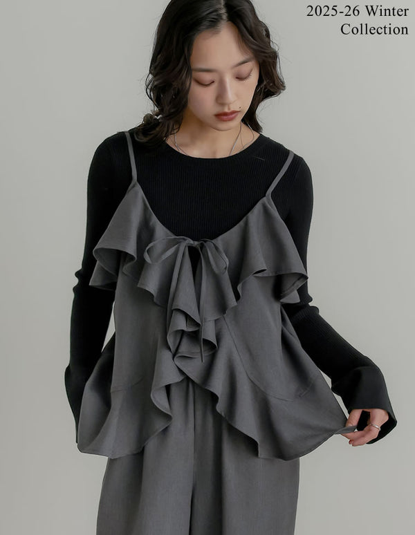 [2025 WINTER COLLECTION][アンチピリング][毛玉になりにくい]ヘリンボーン微起毛フリルキャミソールビスチェ[mb]