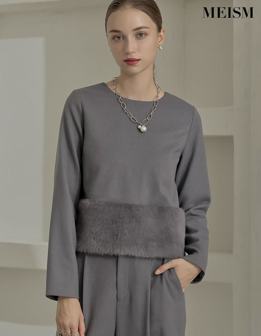 【MEISM LOOK BOOK 20%OFF対象】[MEISM by Re:EDIT][2025AW COLLECTION]微起毛ツイル裾ファー切り替え長袖トップス tops 人気レディースファッション通販 リエディ