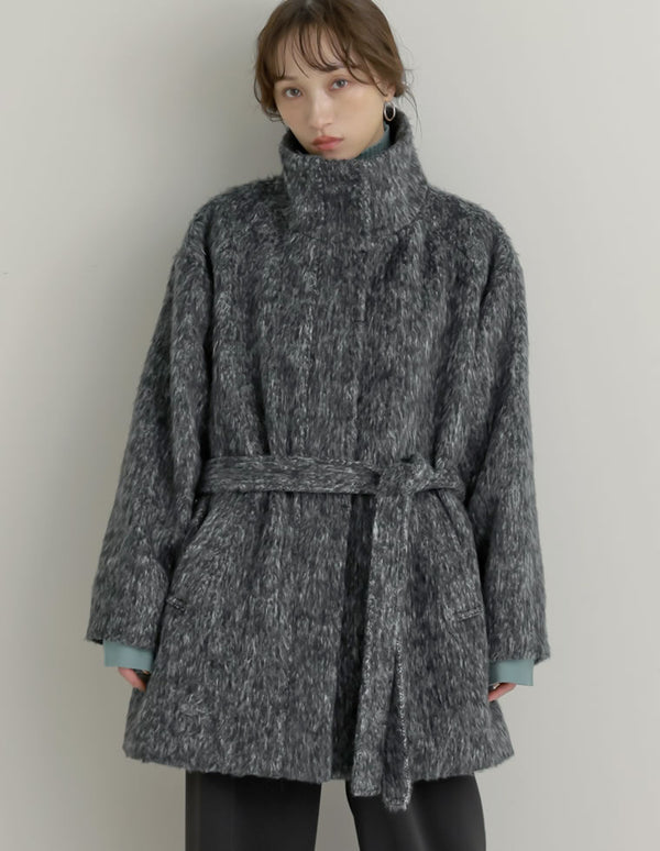 [低身長サイズ有]ミックスシャギースタンドカラーベルト付きコート
