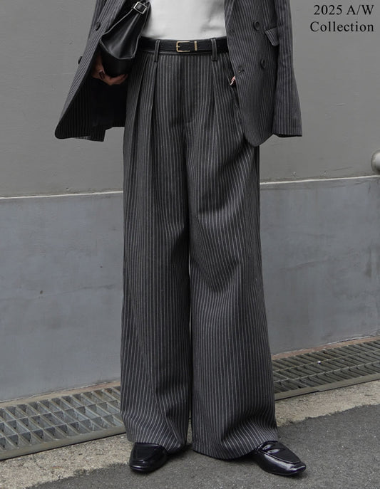 [低身長/高身長サイズ有]ミックスツイードorストライプダブルタックワイドパンツ パンツ 人気レディースファッション通販 リエディ