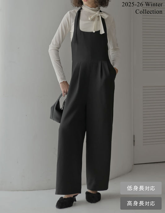 [2025 WINTER COLLECTION][アンチピリング][毛玉になりにくい][低身長/高身長サイズ有]微起毛ヘリンボーンホルターネックオールインワン